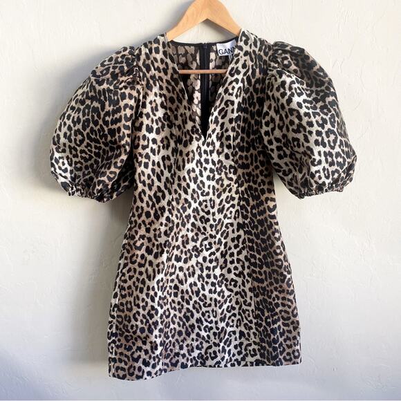 NWT Ganni Leopard Jacquard Puff Sleeve Mini Dress - Picture 4 of 9